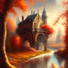 Scenic autumnal landscape with wooden house by river