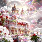 Pink Castle with Golden Roofs Amid Snow-Covered Trees & Cherry Blossoms