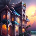 Fantasy villa by the sea with palm trees under twilight sky