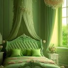 Luxurious Green Bedroom with Canopy Bed & Elegant Chandelier