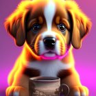 Stylized puppy with bubble tea on purple background