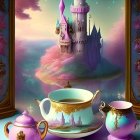 Fairytale-themed image: Castle cake, floral teacups, mountain backdrop