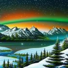 Northern Lights illuminating snowy mountains, river, evergreens, and starry sky