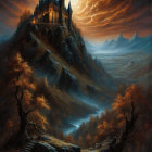 Fantasy castle on craggy peak in autumnal landscape