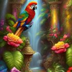 Colorful Birds and Waterfall in Magical Forest