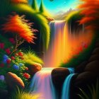 Colorful Forest with Waterfall, River, Rocks, and Butterflies at Twilight