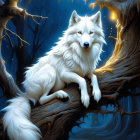 White Fox with Luminous Eyes in Enchanted Forest with Glowing Trees