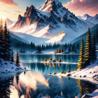 Serene Mountain Landscape: Sunrise Reflection, Snow Peaks, Autumn Trees