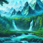 Serene landscape with dual waterfalls, lush greenery, turquoise waters, snow-capped mountains,