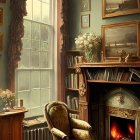 Vintage Room with Ornate Wooden Furniture, Plush Chair, Fireplace, Flowers, and Warm Lighting