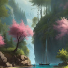 Tranquil landscape with pink cherry blossoms, waterfall, cabin.