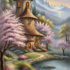 Tranquil fantasy landscape with waterfall, house, lush greenery, flowers