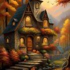 Whimsical autumn cottage with turrets amidst fall foliage