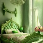 Green-themed elegant bedroom with ornate furniture and crystal chandelier