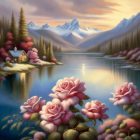 Tranquil landscape with pink roses, lake, cottage, trees, and snowy mountains