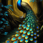 Colorful fantasy bird with teal and gold plumage perched on mossy branches in golden light.