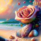 Surreal beach scene with giant rose, shells, flowers, and crashing waves