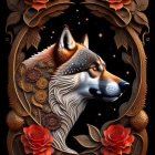 Fox Face in Ornate Oval Wreath with Roses on Black Background