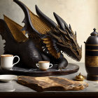 Surreal creature with cat features, lynx ears, and horns enjoying coffee and cake slices