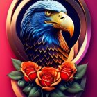 Colorful digital artwork: Blue bird with golden beak among flowers on pink background