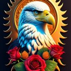 Colorful Eagle Head with Halo and Roses on Dark Background