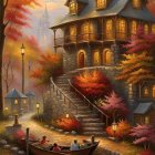 Victorian house in autumn setting with river, canoe, and flowers