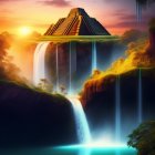 Ancient pyramid on cliff with waterfalls, luminous water, twilight sky, stars, planets