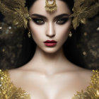 Woman in ornate golden attire with striking makeup and jeweled headdress.