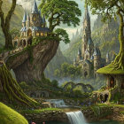 Majestic castles on lush green cliffs with waterfalls, arch bridge, and verdant trees