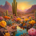 Colorful desert sunset with cacti, blooming flowers, rocky terrain, and serene water.