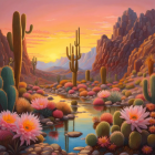 Vibrant Desert Landscape with Cacti and Stream at Sunset