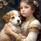 Young girl in vintage dress cuddles brown and white puppy in front of pink blossoms