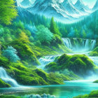 Scenic cascade in lush greenery with snowy mountains