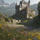 Medieval castle on lush hill with wildflowers and mountain backdrop