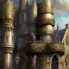 Medieval castle with spires and purple flora under warm light