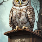 Surreal image: Large cat with owl features on lamppost, birds flying