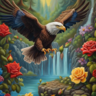 Eagle flying over waterfall in lush forest