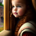 Young girl with wavy brown hair and blue eyes looking out window in castle setting.