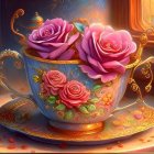 Pink roses and flowers in teacup with butterflies on wood surface