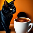 Curious black cat and candle in coffee cup on orange backdrop