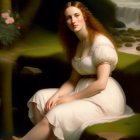 Tranquil painting of woman by stream in white dress