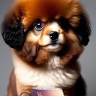 Tricolored puppy with large eyes next to orange fish in glass bowl