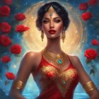 Illustrated portrait of elegant woman in red dress with dark hair and jewelry amidst roses under celestial sky.