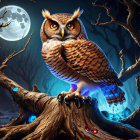 Surreal image of cat-owl hybrid on gnarled branch under full moon