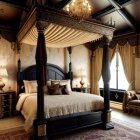 Luxurious Bedroom with Four-Poster Bed, Ornate Furniture, Chandelier