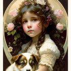 Young girl with floral crown holds puppy surrounded by golden halo and roses