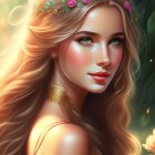 Digital portrait: Woman with curly hair, pink roses, gold hairpiece, green eyes, and fre