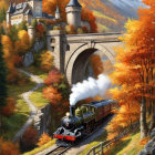 Vintage steam train crossing arched stone bridge in autumn scenery.