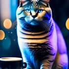 Tabby cat with blue eyes next to coffee cup under colorful lights