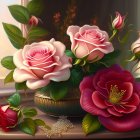 Pink roses and flowers in golden vase on wooden surface with sunlight filtering through